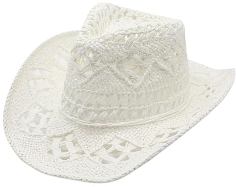 Generisch Cowboy Hut Damen Strohhut Herren Panama Sonnenhut Mit Western-Band Für Sommer Strand Im Brasilianischen (DE/NL/SE/PL, Alphanumerisch, Einheitsgröße, M, White)