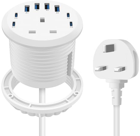 Jgstkcity Recessed Power Socket, 65W USB‑C, Flush-Mount, White | Desk Power Grommet, 8 USB Ports, 80mm Cutout, Clutter-Free Desktop, Ideal Workspace Accessory