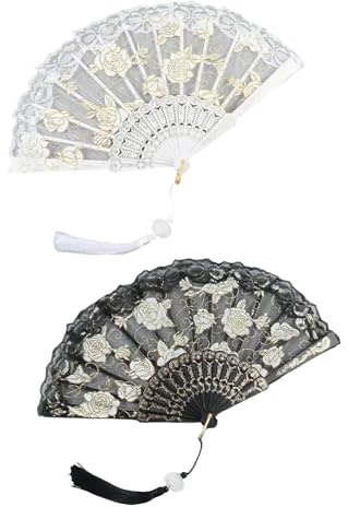 Homiladi Folding Fan 2 Pcs Lace & Bamboo Hand Fan Folding | Vintage Lace Hand Held Fan |Handheld Fan for Brilliant Bride, Wedding & Ceremonies | Portable White Decorative Fan​
