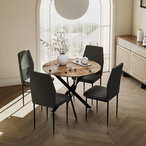 GOLDFAN Tisch mit 4 stühlen Set Esstisch Holz Retro Küchentisch Essgruppe Tischbeine Schwarz Esszimmerstuhl aus Stoff, 80cm