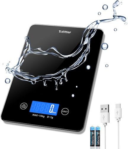 Tofitter Digital Kitchen Scales Large Food Scales –USB Rechargeable & Battery Operated, 1g/0.1oz Precision,15kg/33lb Capacity, 6 Units, Easy-Clean Glass Platform- for Cooking & Baking & Meal Prep