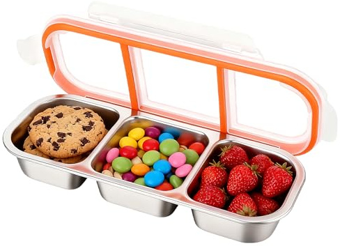 ALKNOT Caja de aperitivos con 3 compartimentos, cuenco para aperitivos con tapa, plato de aperitivos de acero inoxidable, para dulces, especias, nueces, galletas, verduras