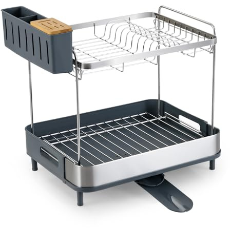 TANGZON 2 Tier Dish Drainer Rack, Stainless Steel Dish Drying Rack with Utensil Holder, 360°Swivel Expendable Spout & Anti-slip Legs, Space-Saving Draining Organizer for Kitchen Countertop