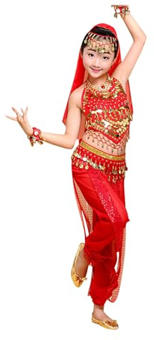 Kinder Bauchtanz Kostüm Set Orientalischer Tanz Mädchen Bauchtanz Bauchtanz Kleidung Bauchtanz Kinder Indisch Tanzklasse Belly Dance Tanzkostüm Hip Hop Outfit Verkleidung Karneval (Red, 11-12 Years)