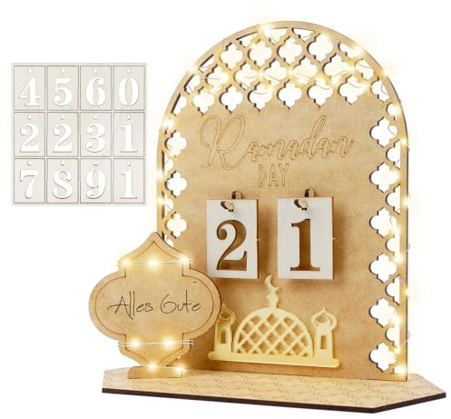 Ramadan Kalender mit LED Lichterkette, Ramadankalender Aus Holz, Eid Mubarak Dekoration DIY Ramadan Deko 30 Tage Countdown, Ornament Gebet Islam Dekoration Wohnzimmer für Tischdeko