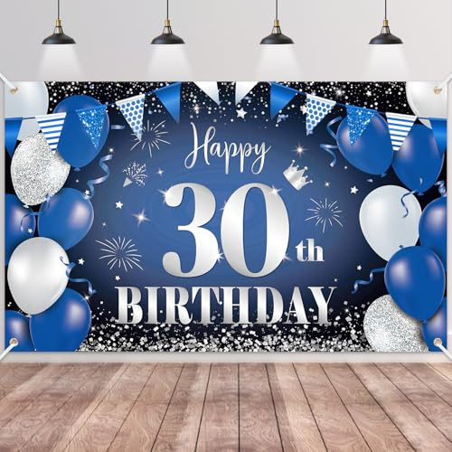 30.Geburtstag Banner Navy Blau Schwarz Silber, Stoff Geburtstag Banner Hintergrund, Geburtstag Dekoration für Männer zur 30. Geburtstagsfeier Deko