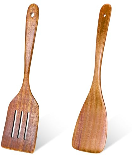 Pfannenwender Holz, 2 Stück Wooden Spatula, Hitzebeständig Holz Pfannenwende mit Einzigartiger Maserung, Küchenutensilien mit Pfannenwender & Schlitzwender