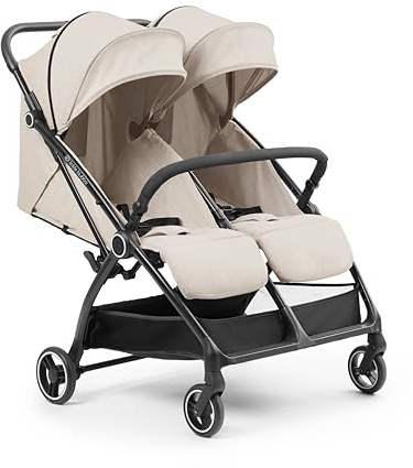 Ickle Bubba Widder Doppel-Kinderwagen (Stein) – schlanker und leichter 10,5 kg Zwillingskinderwagen, einhändig zusammenklappbar, verstellbare Sitze, belüftete Sonnenblenden, Regenschutz im