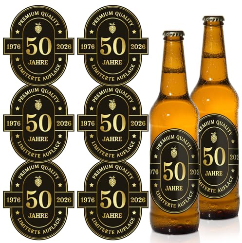 6 Stück Flaschenetikett 50. Geburtstag, Bierflaschen 10x7,8cm Schwarz-Gold selbstklebend Etikett 50 Geburtstagsdeko Geburtstagsgeschenk für Frauen Männer (50)