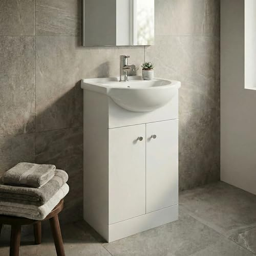 BAYSTONE 550mm Bathroom Vanity Unit Ceramic Basin Sink, Soft Close Door, Single Tap Hole Wash Basins, Freestanding, Furniture Storage Cabinet, Matt White