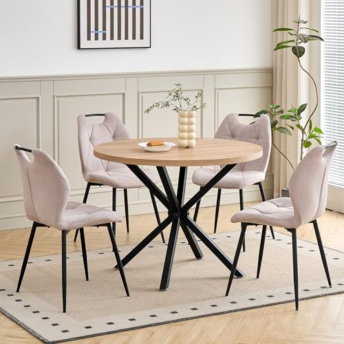 HJhomeheart Esszimmer Stuhlset 100 cm Runder Esstisch und 4 Polsterstuhl im Nordischen Stil, Geeignet für Esszimmer、Küche 、 Wohnzimmer (Naturfarben Tabelle + Beige Stuhl)