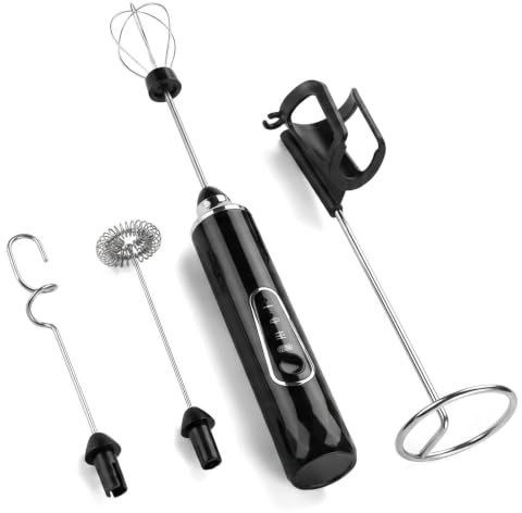 Montalatte Elettrico Ricaricabile USB, Frullino con 3 Fruste in Acciaio Inox e Supporto da Parete, Mini Frullatore Portatile per Cappuccino, Latte, Caffè, Matcha, Cioccolata Calda (Nero)