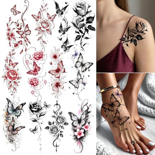 YJHAT 12 Sheets Butterfly & Floral Waterproof Temporary Tattoos for Women, Realistic Rose Peony Lily Dreamcatcher Fake Tattoo Stickers for Feet Hands Legs Ankle Body Art Decor