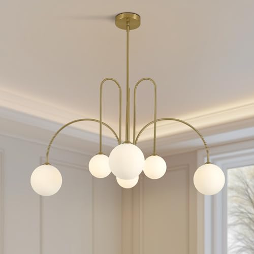 KCO Sputnik Deckenleuchte 6-flammig Gold mit Kristallglas-Kugeln, warmes Lichtspiel 3000K, höhenverstellbar, G9-Fassung, Glam-Industrial Design für Wohnzimmer und Esszimmer