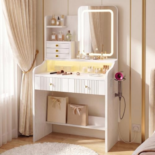 IRONCK Dressing Table with LED Mirror & RGB Lights, Makeup Vanity with Sliding Door Hidden Storage, Power Outlet, Hairdryer Holder, 5 Drawers Fluted Panel Vanity Table for Bedroom, 140×70×40cm White
