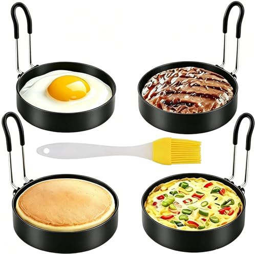 LingBaby 4 moldes para huevos fritos de acero inoxidable, 9 cm, molde para huevos escalfados, revestimiento antiadherente, moldes de huevos fritos para la sartén con asas plegables, con cepillo de