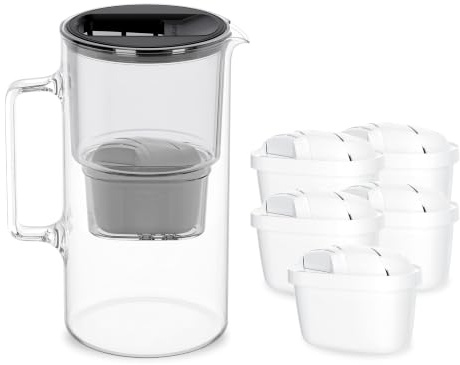 Wessper Carafe Filtrante Verre 3l, Carafe et 5 Filtre - Noir | carafe filtrante verre et filtre a eau, cartouche filtrante charbon actif eau, BPA Free