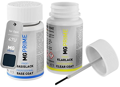 MG PRIME Autolack Lackstift für Opel 47U Tiefseeblau Perleffekt + Klarlack | Poseidon Blue Metallic, Set aus Basislack + Klarlack, Lackfläschchen mit Pinsel, je 50ml