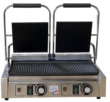 L2G - Piastra professionale doppia - In acciaio inox + piastra in ghisa rivestita in ceramica - Cassetto per la raccolta grassi - Termostato fino a 300°C - Zona di cottura inferiore 48x23 cm