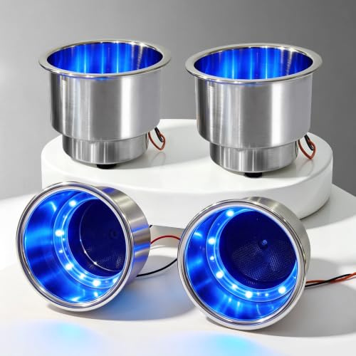 EPHIIONIY 4PCS Stainless Steel 12V 8 LED Blue Light Insert Cup Drink Holder for Marine Boat Car Truck Camper RV with Drain
