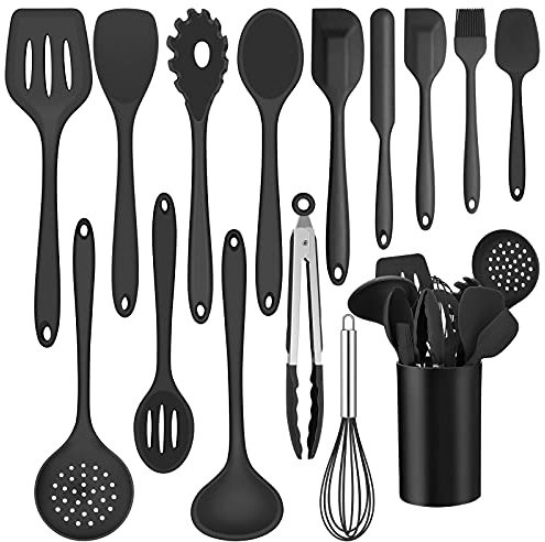 Joyfair Küchenhelfer Set, 15-teiliges Silikon Kochutensilien Kochbesteck Set, Hitzebeständiger Kochgeschirr mit Utensilienhalter, Antihaft Kochset Küchenutensilien, Spülmaschinenfest - Schwarz