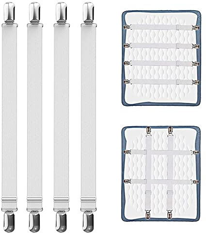 laeeyin Tenditori per Lenzuola Regolabili, 4 Pezzi, 55-250 cm, Elastici per Lenzuola, Colore Bianco, con Clip in Metallo, per Lenzuola, Materasso, ASSE da Stiro o Divano