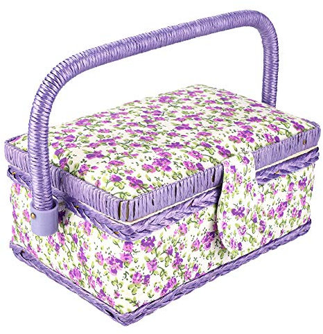 Panier à couture Beufee, vintage, rectangulaire, violet, avec plateau amovible et motifs floraux