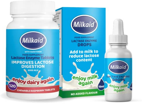 Milkaid Lactase Enzyme Chewable Tablets & Drops Bundle | for Lactose Intolerance Relief Digestive Supplement | Gluten Free Vegan | 120 15ml, Clear