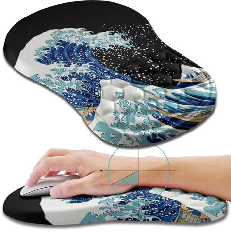Hokafenle Tapis de souris ergonomique avec repose-poignet pour soulager la douleur du canal carpien avec mousse à mémoire de forme intégrée, massage des pentes (30 x 20,1 cm, vague de mer)