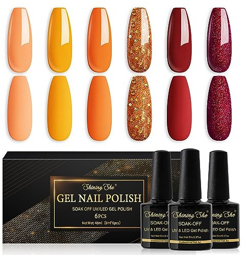 Shining She Esmaltes Semipermanentes Para Uñas en Gel UV LED,6 Colores Naranja Glitter Amarillo Rojo Oscuro Pintauñas Semipermanentes Apto Para Principiantes Manicura,8ML