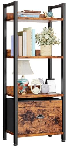 Furologee 4 Tier Bookshelf with Drawer, Tall Bookcase with Shelves, Narrow Bookshelves Storage Organizer, Wood and Metal Display Standing Shelf Unit for Bedroom, Living Room, Rustic Brown