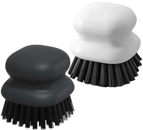Ergonomic Handle Dish Brush for Cleaning Pots, Pans and Vegetables (Pack of 2 Black+White)