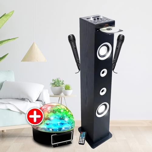 Tour de Son CD et Karaoké Inovalley HP49CD, 100W USB Bluetooth Radio FM, 2 Microphones + Jeu lumière LED, Colonne Chambre Salon