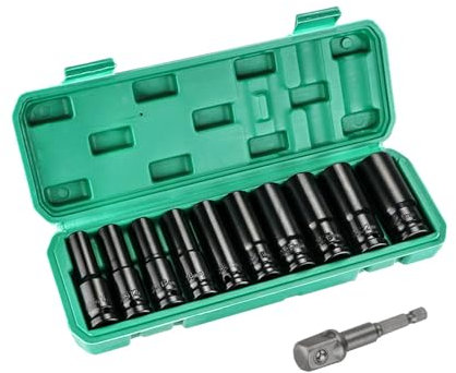 Deep Impact 11pcs 1/2 Drive Socket Set, 10-24mm, with Adapter & Storage Box, for Car & Home Repair
