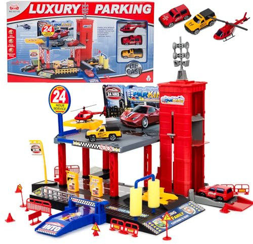 CELMAN Parkgarage Spielset für Kinder - Multilevel Spielzeugauto Parkhaus mit Handbetriebener Aufzug, inkl. 2 Metall Autos, Helikopter und Zubehör, Spielzeug für Kinder ab 3 4 5 6 7 8 Jahren