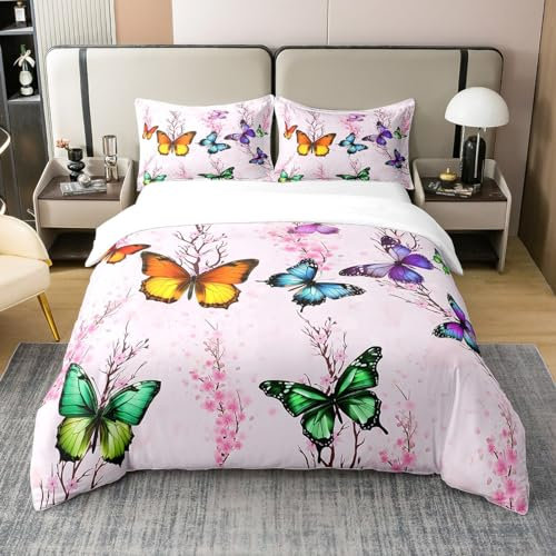 Fliegender Schmetterling 100% Bio-Baumwolle Bettbezug,Rosa Pfirsichblüte Tröster Abdeckung für Kinder,Aquarell Schmetterlinge Bettwäsche Set,Natürliche Frühling Landschaft Bettwäsche Abdeckung 200x200