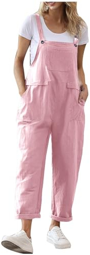 Latzhose für Damen, Baumwolle, Leinen, langer Spielanzug, Knopf, verstellbarer Riemen, Overall mit Taschen, Cargo-Lätzchen, Overall, locker, ärmellos, Strandurlaub, Outdoor, Sommer, Freizeithose, 1 x