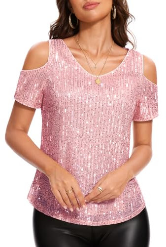 DRESSTELLS Pailletten Oberteil Damen Rosa Glitzer Bluse Damenbluse Elegant Festliche Große Größen Karneval Party Disco Outfit Pink 2XL