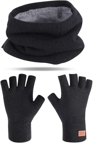 CYZBL 2 PCS Winter Knitted Thermal Scarf Gloves Set, Black | Velvet Neck Scarf for Men with Half Finger Warm, Neck Warmer for Women Adult Thickened Accessories Set