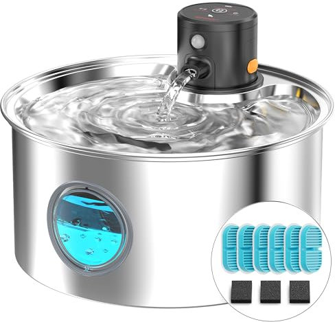 Cat Water Fountain for Drinking Wireless: Cat Fountain Stainless Steel - 3.2L Pet Water Fountain Pet Bowl Battery Powered - Cats Drinking Fountain with Motion Sensor - with 9 Filters