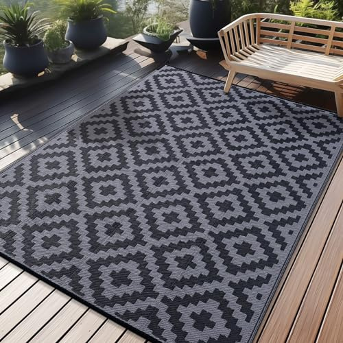 Homaxy Outdoor Teppich Wetterfest, Kunststoff Stroh UV-beständig Wendbar Faltbar Waschbar Balkon Garten Teppich für Terrasse Camping Picknick (180 x 270 cm, Schwarz & Grau)