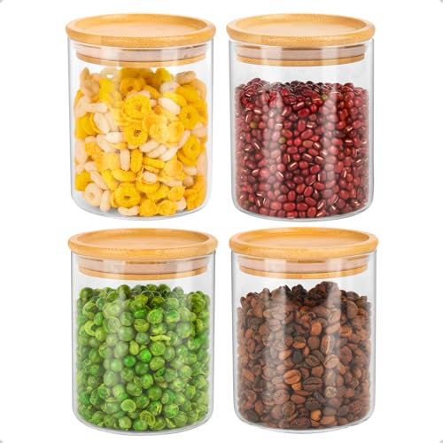 KYYLZ Set di 4 Barattoli Vetro con Coperchio in Bambù, 500ml Barattoli Cucina Ermetici, Cerchi, in Vetro Borosilicato per Sale, Zucchero, Farina, Caffè, Lavabili in Lavastoviglie