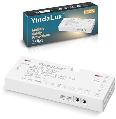 YindaLux LED Trafo 12V - Trafo 230V auf 12V LED 36W, Netzteil-Driver-Treiber, kein LED-Flimmern, kein Transformator-Rauschen Transformatoren für G4 MR16 GU5.3 Halogen Streifen
