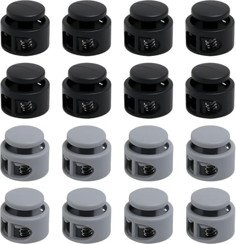 FunWorth 16 Stück Kordelstopper mit 2 Löchern (17mm), Schwarz/Grau, Schnürsenkel Schnellverschluss für Schuhe, Taschen, Hüte & Rucksäcke, Robuste Kordelklemmen aus Kunststoff mit Metallfeder