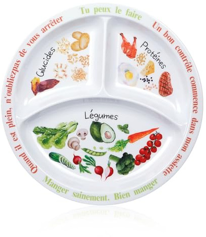 Plato de control de porciones para una dieta equilibrada y saludable, divisiones de melamina, ayuda para pérdida de peso y diabetes (texto en francés)