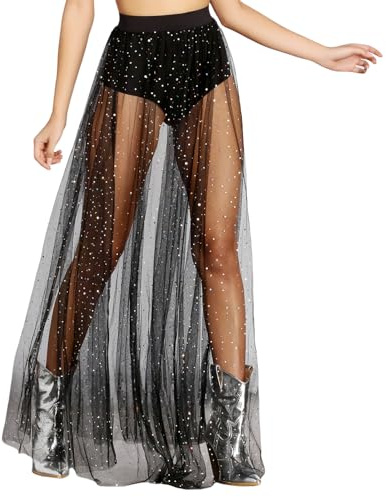 Damen 2 in 1 Transparent Mesh Rock, Damen Glitzerrock Schwarz Pailletten Tüllrock mit Shorts High Waist Maxirock Glitzer Sterne für Party