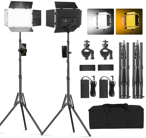 Soonpho 2-Pack Bi LED Video Light Panel Set with Barn Door 2500-6500K Dimmable 20W Light Photography Studio Lighting with Tripod Stand and Mobile Phone Holder for Video YouTube Live Streaming
