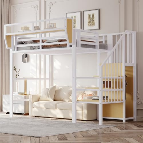 Etagenbett 90x200, Kinderbett Hochbett mit Treppe & Aufbewahrungsschrank, Metallbett Funktionsbett Einzelbett Stockbett Spielbett Kinderhochbett Jugendhochbett mit Lattenrost, Ohne Matratze, Weiß
