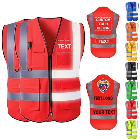 Cainor 2er-Pack Kundenspezifische Sicherheitsweste, mit Ihrem Text, Logo, Firmennamen, für Arbeiten im Freien, Sicherheitswesten der Klasse 2 (Rot, XX-Groß)