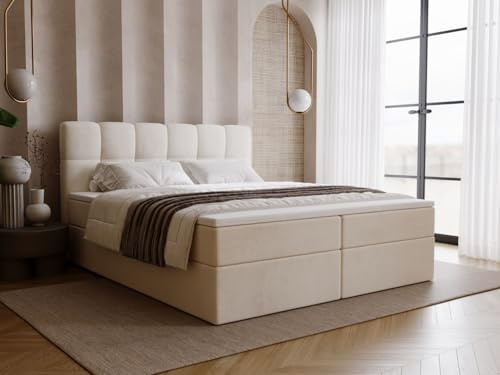 GRAINGOLD Maison Bett 180x200, Boxspringbett mit Bettkasten, Polsterbett mit Bonell-Matratze, Samt Stoff, mit Topper, mit Kopfteil (Beige, 180x200)